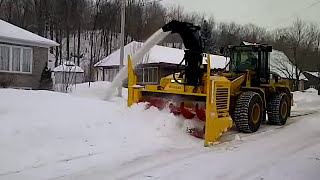 Larue D50 loadermounted snow blower snow removal demo [upl. by Notsuh]