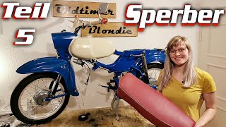 Simson Sperber SR 43 Teil 5 Restauration rote Sitzbank beziehen Tank Hinterrad einbauen Oldtimer [upl. by Lenette]