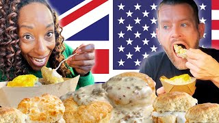 Brits Try Biscuits and Gravy For The First Time In The USA [upl. by Ramey]