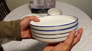 Unboxing Mainstays 12Piece Blue Rim Stoneware Dinnerware Set  walmart [upl. by Aketal]