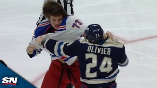 Rangers Matt Rempe Meets His Match In Wicked Fight With Blue Jackets Mathieu Olivier [upl. by Holli411]