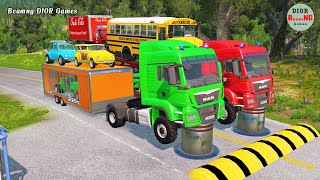 Double Flatbed Trailer Truck vs speed bumpsBusses vs speed bumpsBeamng Drive942 [upl. by Attaymik933]