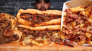 ASMR OG PHILLY CHEESESTEAK SANDWICH TRIPLE CHEESE PHILLY CHEESESTEAK AND BACON POUTINE REVIEW [upl. by Erleena]