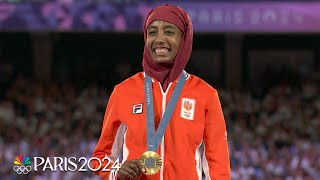 Sifan Hassan takes in medal ceremony after winning women’s marathon gold  Paris Olympics [upl. by Kennard]