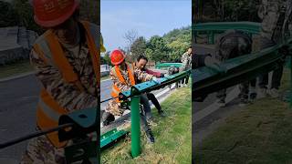 Manual installation process of bend guardrail on rural roads [upl. by Danna]