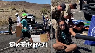 Police ram straight through climate activist blockade in Nevada [upl. by Essilrahc]