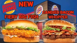 Burger King NEW Fiery Big Fish And Candied Bacon Whopper Review [upl. by Brennen639]