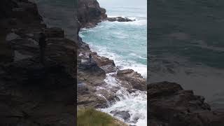 Perranporth Friday morning person fishing battling against Ocean Waves 🌊🌊🌊🌊 [upl. by Elene426]