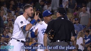 Cody Bellinger tells the ump how far off the plate the pitches were and gets ejected a breakdown [upl. by Tnilc]