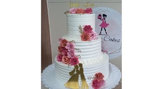 Bolo de Casamento Belíssimo de3 andares  Com rosas  Espatulado  Guindaste Caseiro  Karine Cakes [upl. by Aisylla]