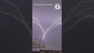 Upward lightning forks over Manhattan skyline during severe thunderstorm [upl. by Neelik]