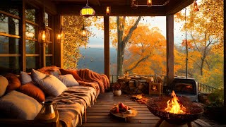 Sunny Autumn Morning in a Cozy Treehouse🍁Cracking Fireplace Falling Leaves Lake sounds amp birdsong [upl. by Nadeau]