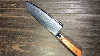 Tamahagane Kyoto 63 LayerDamascus Wood Handle Chefs Santoku Knife [upl. by Anhsirk]