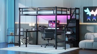 Loft Bed with Lshaped Desk and USB Metal Loft Bed with Wardrobe and Adjustable Shelf [upl. by Atilegna]