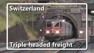 Triple headed freight train passes through Wassen station [upl. by Ahsinoj]