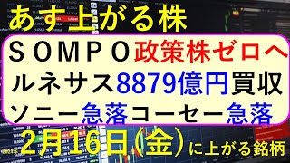 あす上がる株 2024年２月１６日（金）に上がる銘柄 ～最新の日本株での株式投資。初心者でも。ルネサス、SOMPO。トレンドマイクロ、サントリー、ピジョンの決算速報 ～ [upl. by Shewchuk311]