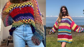 Easy oversized sweater Happy Hippy Sweater crochet tutorial how to make an Colourful sweater [upl. by Lion]