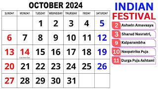 Calendar October 2024  October Calendar 2024 with Holidays  October 2024 Calendar  Oct Calendar [upl. by Pirzada]