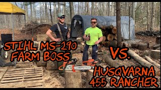 46 Stihl MS290 Farm Boss vs Husqvarna 455 Rancher Chainsaws Comparison Cutting Firewood [upl. by Ytinav]