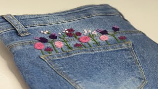 Embroidery on jeans  hand embroidery  embroidery for beginners [upl. by Kappel]