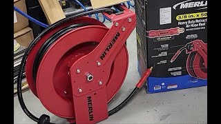 Harbor Freight Merlin not sponsored air hose reel installation Attaching hose reel to ceiling [upl. by Arnold913]