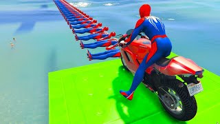 Superheroes on a motorcycle ride over the sea along the SpiderMan Bridge GTA 5 [upl. by Adiasteb]