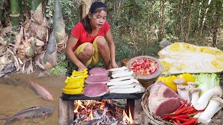 Yummy Steak salad on the rock and Fresh fish spicy grilled Eating delicious  Top 5 survival video [upl. by Rather]