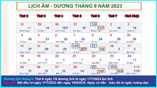 Lịch âm dương tháng 9 năm 2023  Lịch vạn niên và những ngày lễ tháng 92023 [upl. by Sikata]