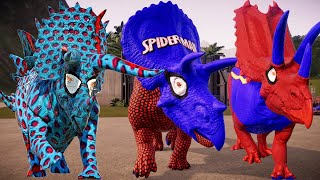 SPİDERMAN Torosaurus amp Pentaceratops VS IRex amp Brachiosaurus Dinosaurs Fight in Jurassic World jwe [upl. by Miller]