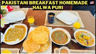 Pakistani Breakfast in USA 🇺🇸  Halwa Puri Choley ka Salan etc [upl. by Ecienaj]