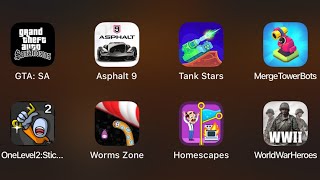 Asphalt 9 GTASA Tank Stars Merge Tower Bots One level2 WormsZone Homescapes World War Heroes [upl. by Miun]