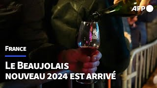 Le Beaujolais nouveau 2024 célébré à Beaujeu après une saison pluvieuse  AFP [upl. by Ennayelhsa760]