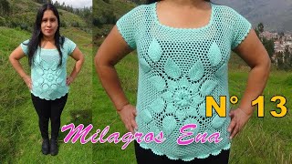 Blusa N° 13 tejido a Crochet de 2 Cuadrados HOJAS EN RELIEVES paso a paso  tallas S M L XL XXL [upl. by Gennaro]