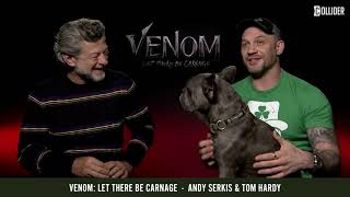 Tom Hardy His Adorable Dog and Andy Serkis Discuss Venom 2 [upl. by Einnaej]