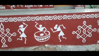 Warli art wall painting  traditional warli painting work in farmhouse [upl. by Teressa604]