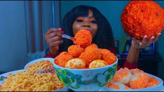 Eating fried Hot Cheeto Balls with Ramen Noodles and Spicy Egg Boil [upl. by Karly413]