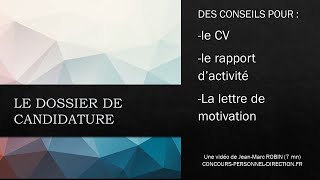 Dossier de candidature de chef détablissement  CV le rapport dactivité et lettre de motivation [upl. by Salbu]