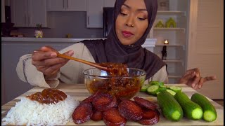 ASMR SAUSAGE RICE amp CUCUMBER W BLOVES SAUCE  اكل السجق مع الرز البسمتي والخيار مع صوص حار [upl. by Zelig]