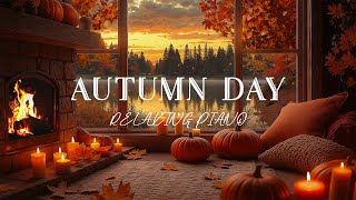 Autumn Porch Space 🍂 A Cozy Day With Soothing Piano Music amp Fireplace for Peaceful Moments [upl. by Cerelia]