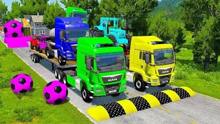 Double Flatbed Trailer Truck vs Speedbumps Train vs Cars  Tractor vs Train BeamngDrive 001 [upl. by Adnorat]