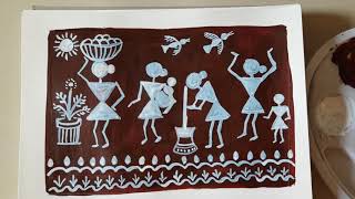 Warli painting tutorial easy step by step  Warli art of village woman Village scene drawing [upl. by Aloivaf]