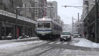 福井鉄道200形モハ202 雪の積もる福井市内 福井駅前～市役所前 その１ [upl. by Ruelle299]