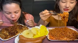 2 spicy ramen black beans noodles pork sausage pineapple 🍍 mukbang [upl. by Heiskell17]