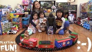 Toys Disney Christmas Train Set Unboxing and Playtime  A Monster Godzilla Action Figure [upl. by Argent]