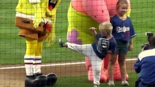 Spongebob amp Nash Punto Nicks Kid 1st Pitch Craziness at Dodger Stadium  Very Funny [upl. by Britton442]