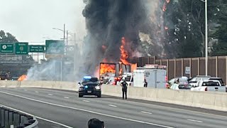 Homes evacuated in New Jersey after fiery tractor trailer crash [upl. by Gnidleif703]