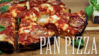 Cast Iron Skillet Pan Pizza With Crispy Caramelized Cheese  No Knead Dough [upl. by Merta]