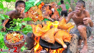 Primitive Technology  Chicken Thing With Som Tum Recipes Eating  Kmeng Prey2 [upl. by Lauritz]