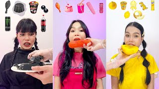 COLOR FOOD ASMR MUKBANG🔥 BLACK💀 • PINK🧠 • YELLOW🧀 [upl. by Odericus]