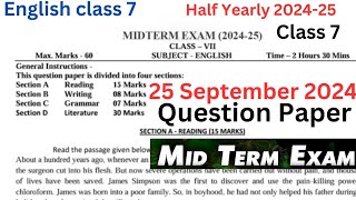 class 7 english mid term question paper 202425  half Yearly 2024 class 7 english  cbse [upl. by Gombosi405]